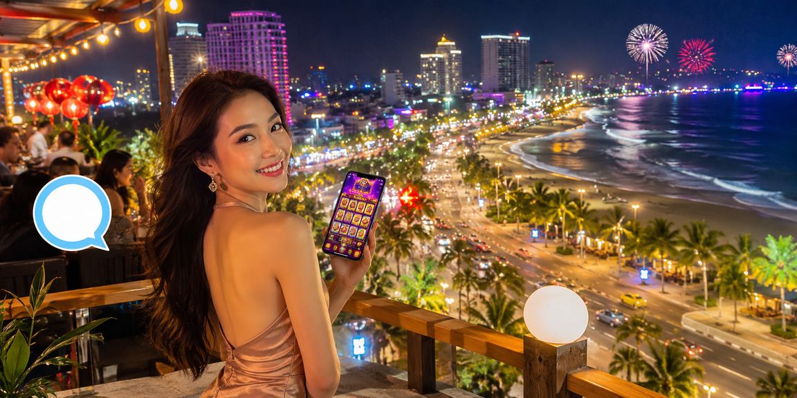 Người dùng tại bãi biển Nha Trang trải nghiệm slot game trực tuyến trên điện thoại